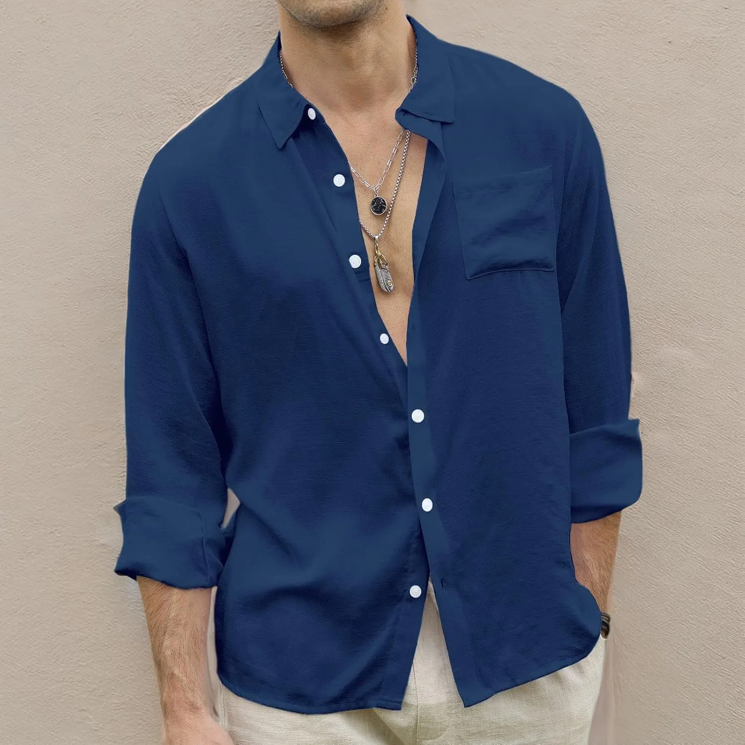CTU Men's Fashion Summer Casual Button Down Shirt Long Sleeve Solid Color Holiday Beach Shirts
