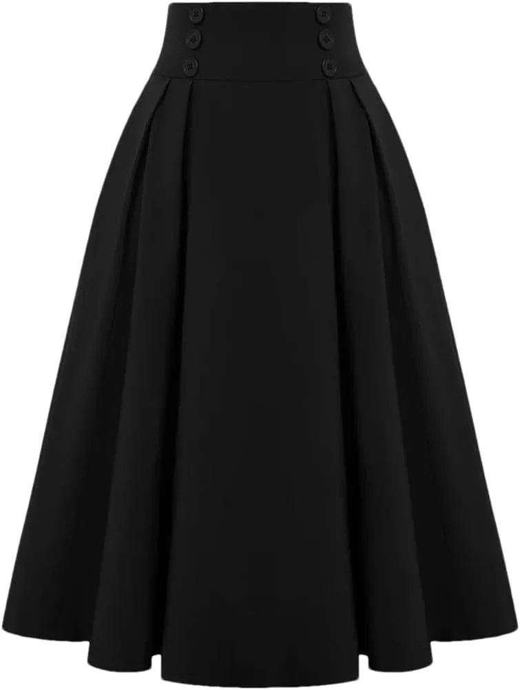 Dbdkejj Women Summer Spring Pleated Skirts for Solid Color High Waist Button Front Midi Maxi Skirt