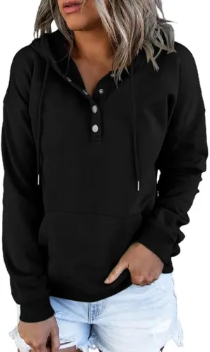 Dokotoo Womens 2025 Hoodies Button Collar Drawstring Hooded Pullover Sweatshirt Casual Long Sleeve Tops Shirts