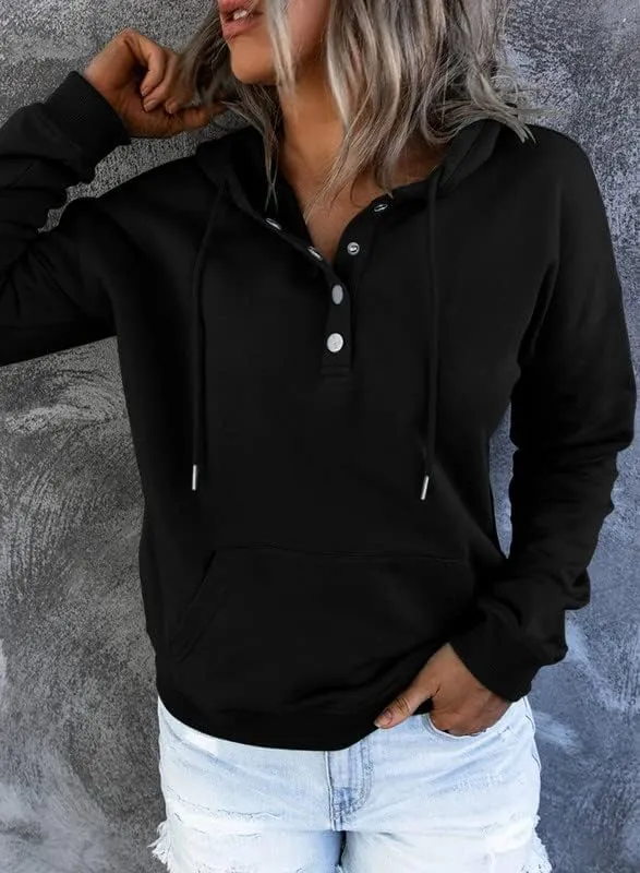 Dokotoo Womens 2025 Hoodies Button Collar Drawstring Hooded Pullover Sweatshirt Casual Long Sleeve Tops Shirts