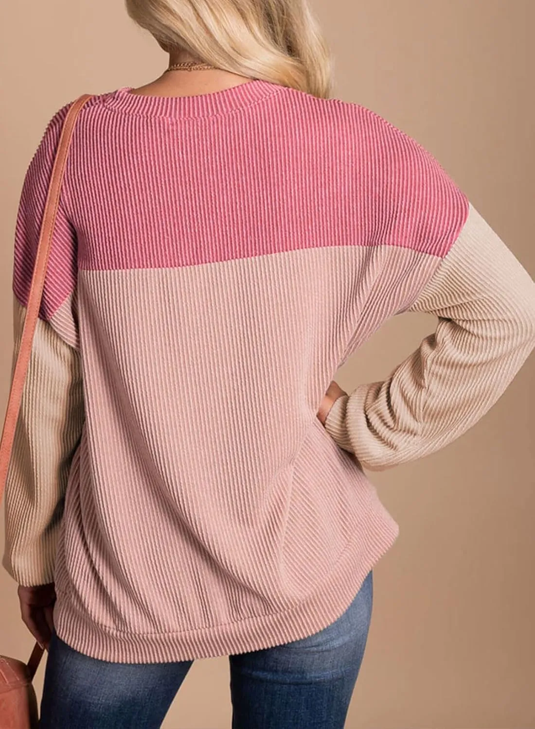 Dokotoo Womens Fashion 2025 Color Block Long Sleeve Crewneck Knitted Casual Loose Pullover Shirts Tops