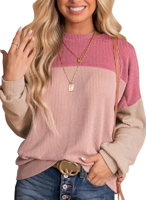Dokotoo Womens Fashion 2025 Color Block Long Sleeve Crewneck Knitted Casual Loose Pullover Shirts Tops