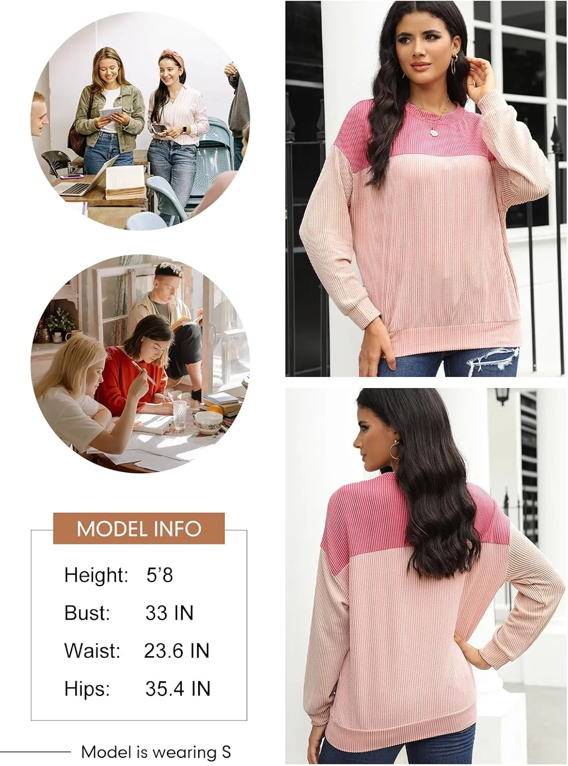 Dokotoo Womens Fashion 2025 Color Block Long Sleeve Crewneck Knitted Casual Loose Pullover Shirts Tops