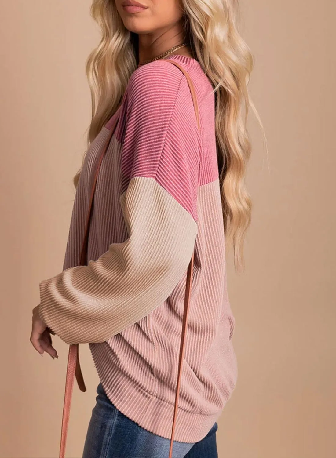 Dokotoo Womens Fashion 2025 Color Block Long Sleeve Crewneck Knitted Casual Loose Pullover Shirts Tops