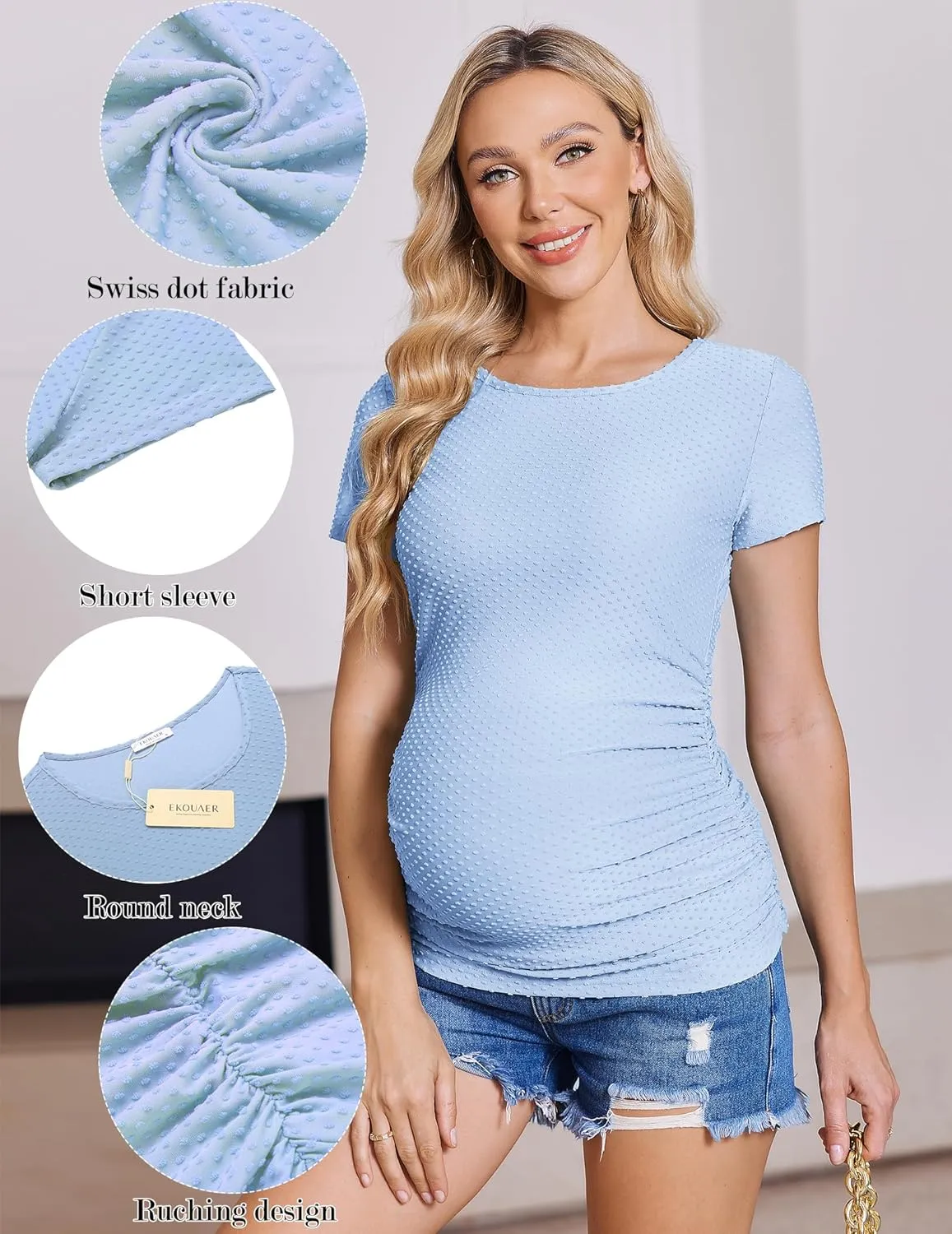 Ekouaer Womens Maternity Shirts 3 Packs Round Neck Short Sleeve Side Ruched Swiss Dot T Shirt Tops S-XXL