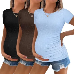 Ekouaer Womens Maternity Shirts 3 Packs Round Neck Short Sleeve Side Ruched Swiss Dot T Shirt Tops S-XXL