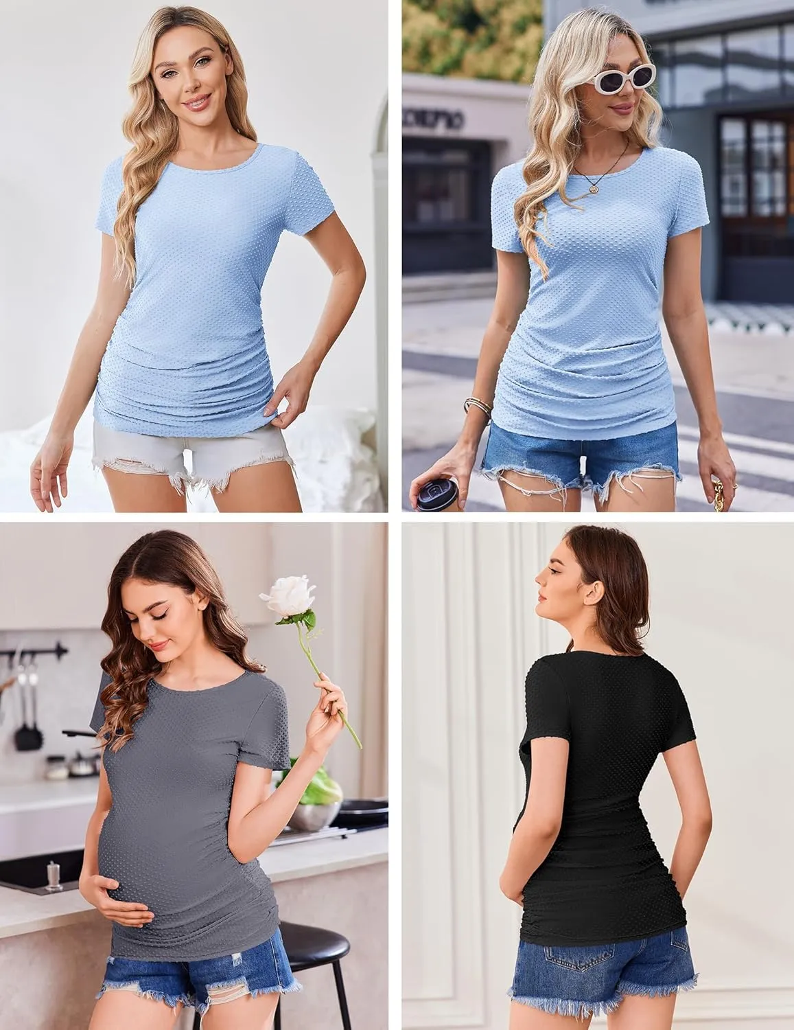 Ekouaer Womens Maternity Shirts 3 Packs Round Neck Short Sleeve Side Ruched Swiss Dot T Shirt Tops S-XXL