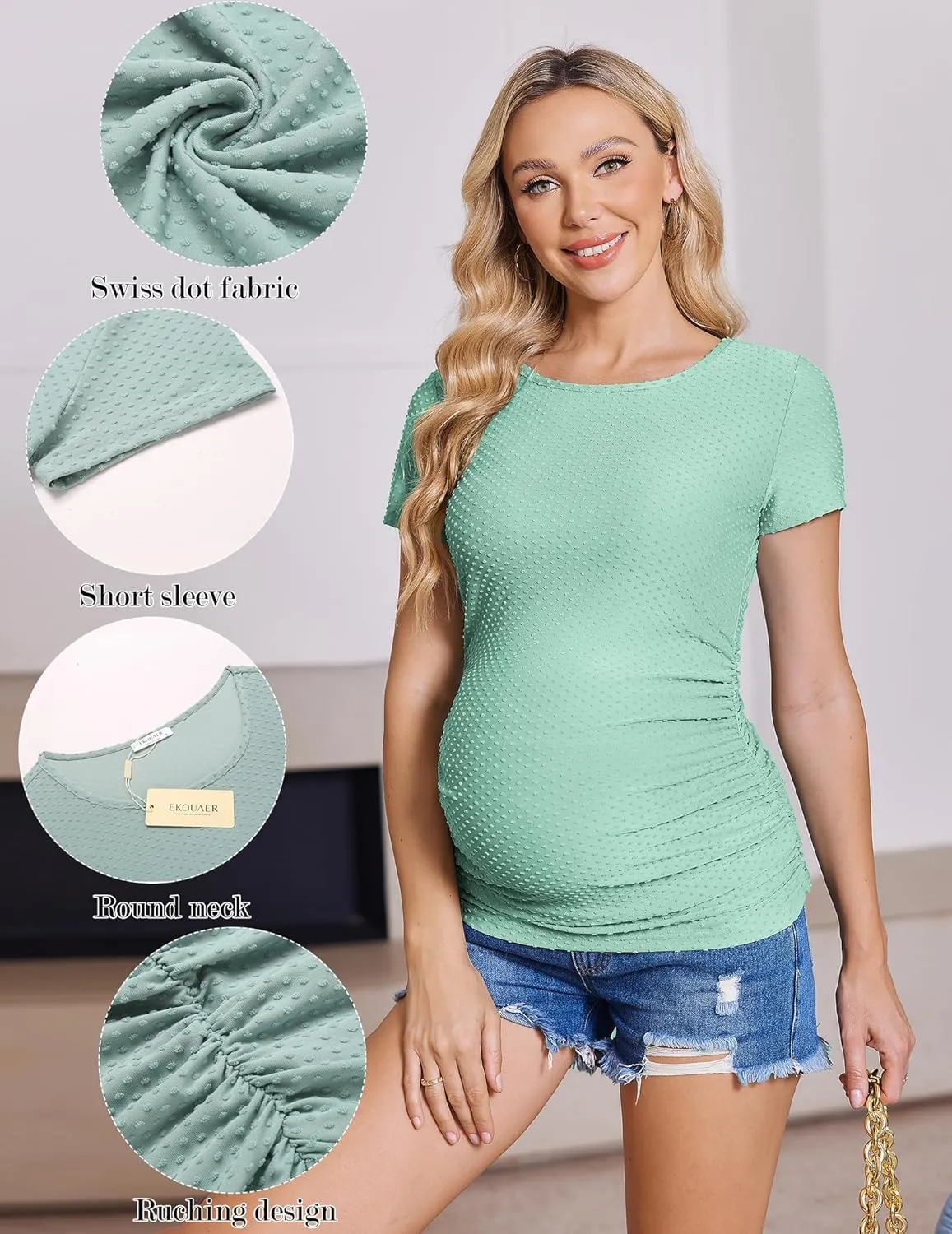 Ekouaer Womens Maternity Shirts 3 Packs Round Neck Short Sleeve Side Ruched Swiss Dot T Shirt Tops S-XXL