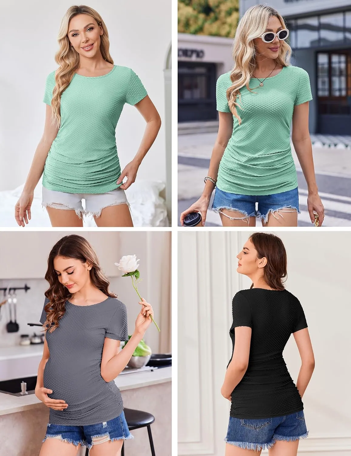 Ekouaer Womens Maternity Shirts 3 Packs Round Neck Short Sleeve Side Ruched Swiss Dot T Shirt Tops S-XXL