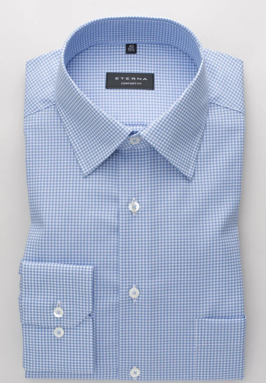 Eterna Sky Blue Small Check Shirt Blue