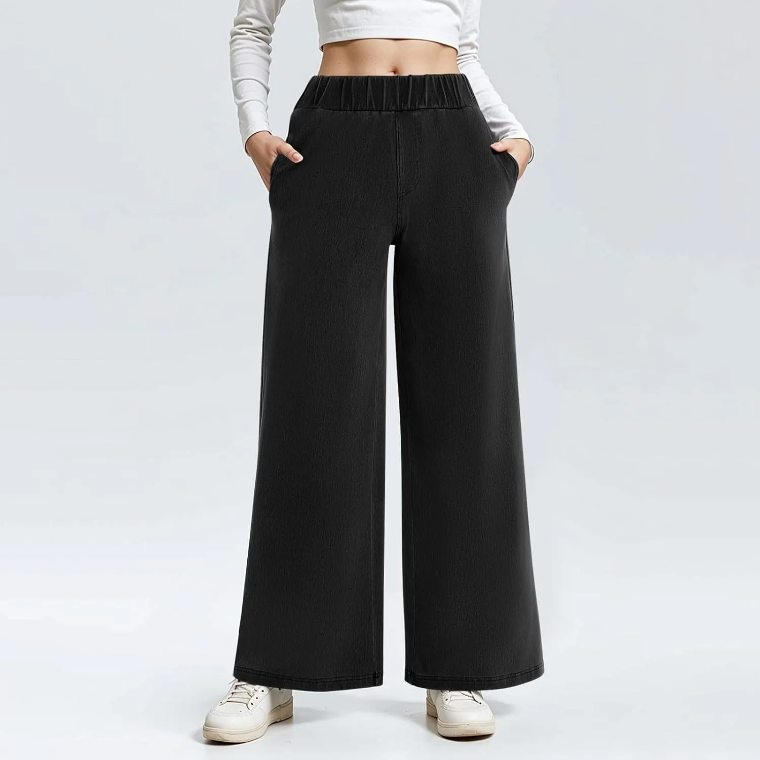 fanmpghleoo Sweatpants That Look Like Jeans Elastic Waist Wide Leg Jean Woman Trendy Boyfriend Denim Pants Loose Cowboy Pants