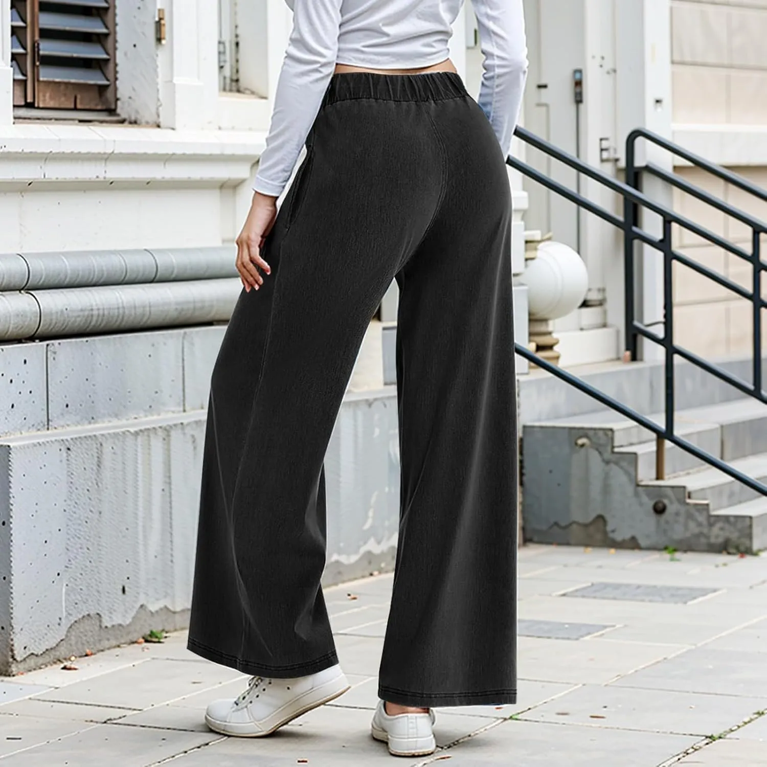 fanmpghleoo Sweatpants That Look Like Jeans Elastic Waist Wide Leg Jean Woman Trendy Boyfriend Denim Pants Loose Cowboy Pants