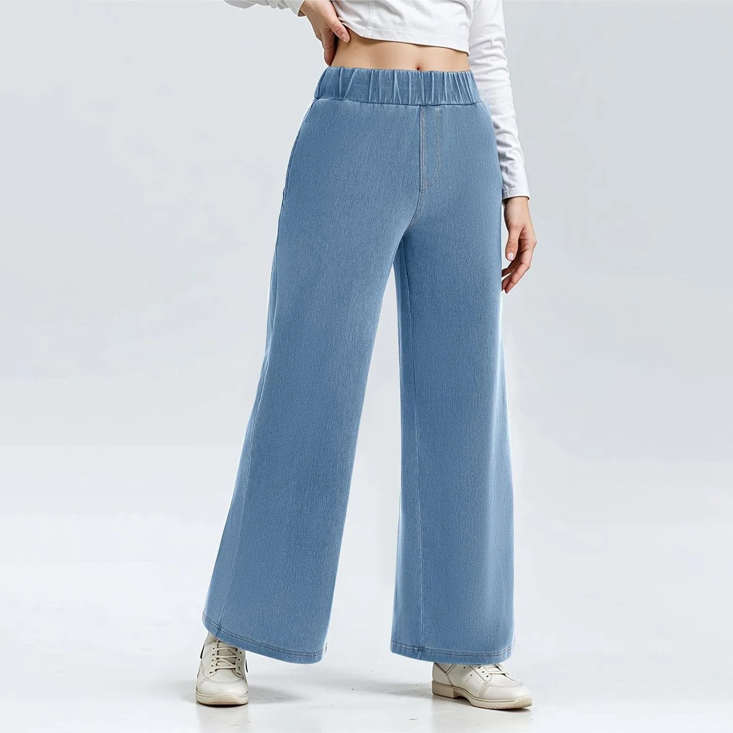fanmpghleoo Sweatpants That Look Like Jeans Elastic Waist Wide Leg Jean Woman Trendy Boyfriend Denim Pants Loose Cowboy Pants