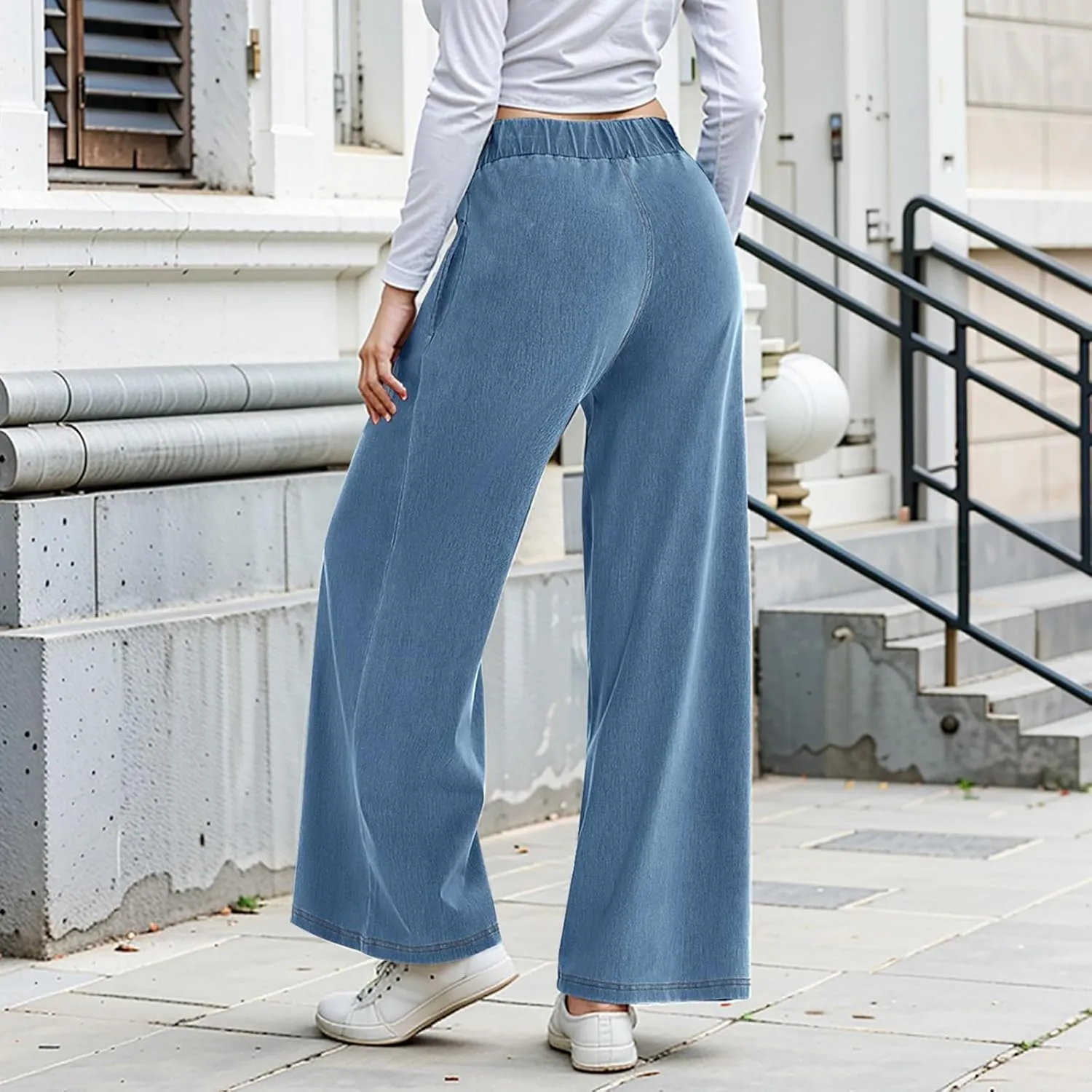 fanmpghleoo Sweatpants That Look Like Jeans Elastic Waist Wide Leg Jean Woman Trendy Boyfriend Denim Pants Loose Cowboy Pants