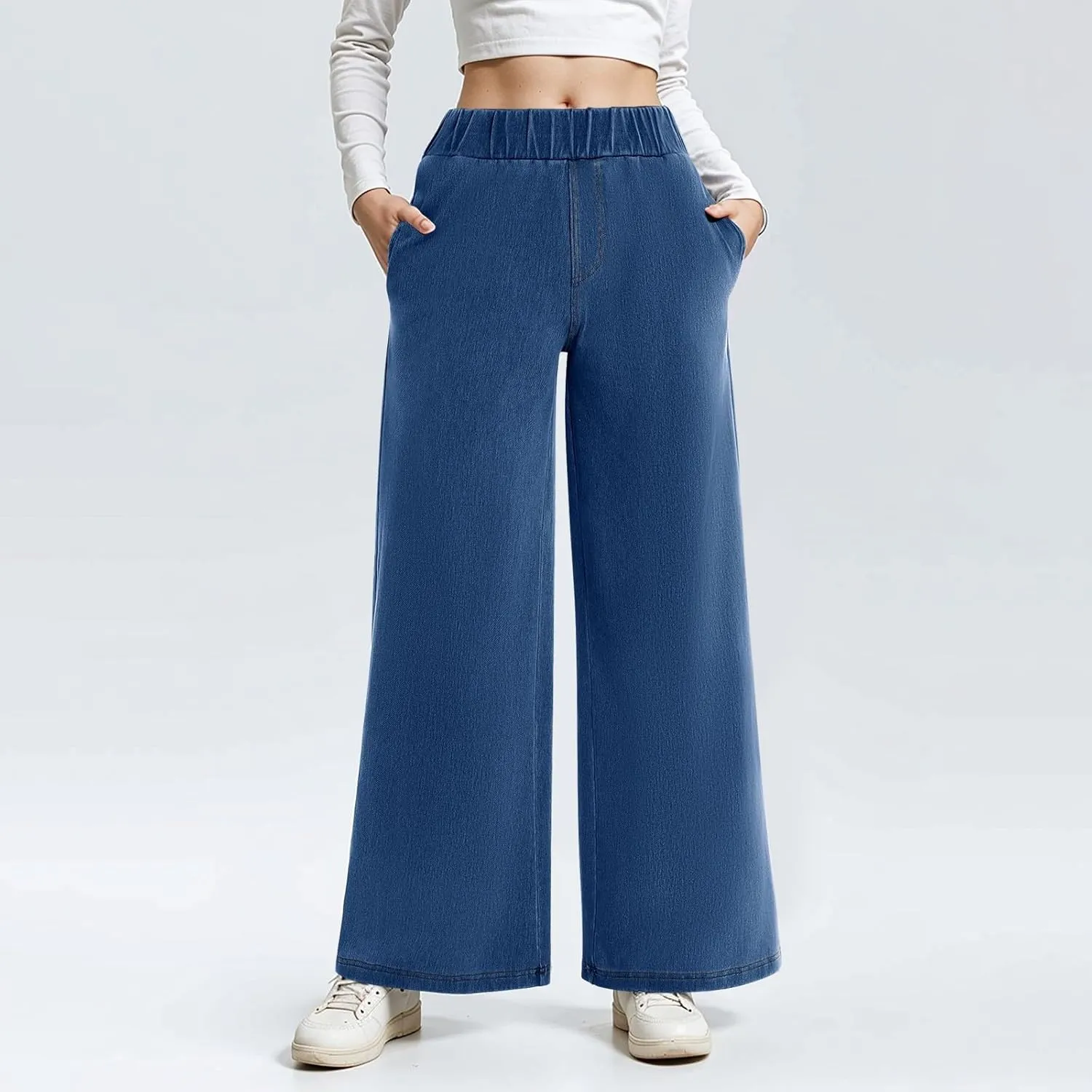 fanmpghleoo Sweatpants That Look Like Jeans Elastic Waist Wide Leg Jean Woman Trendy Boyfriend Denim Pants Loose Cowboy Pants