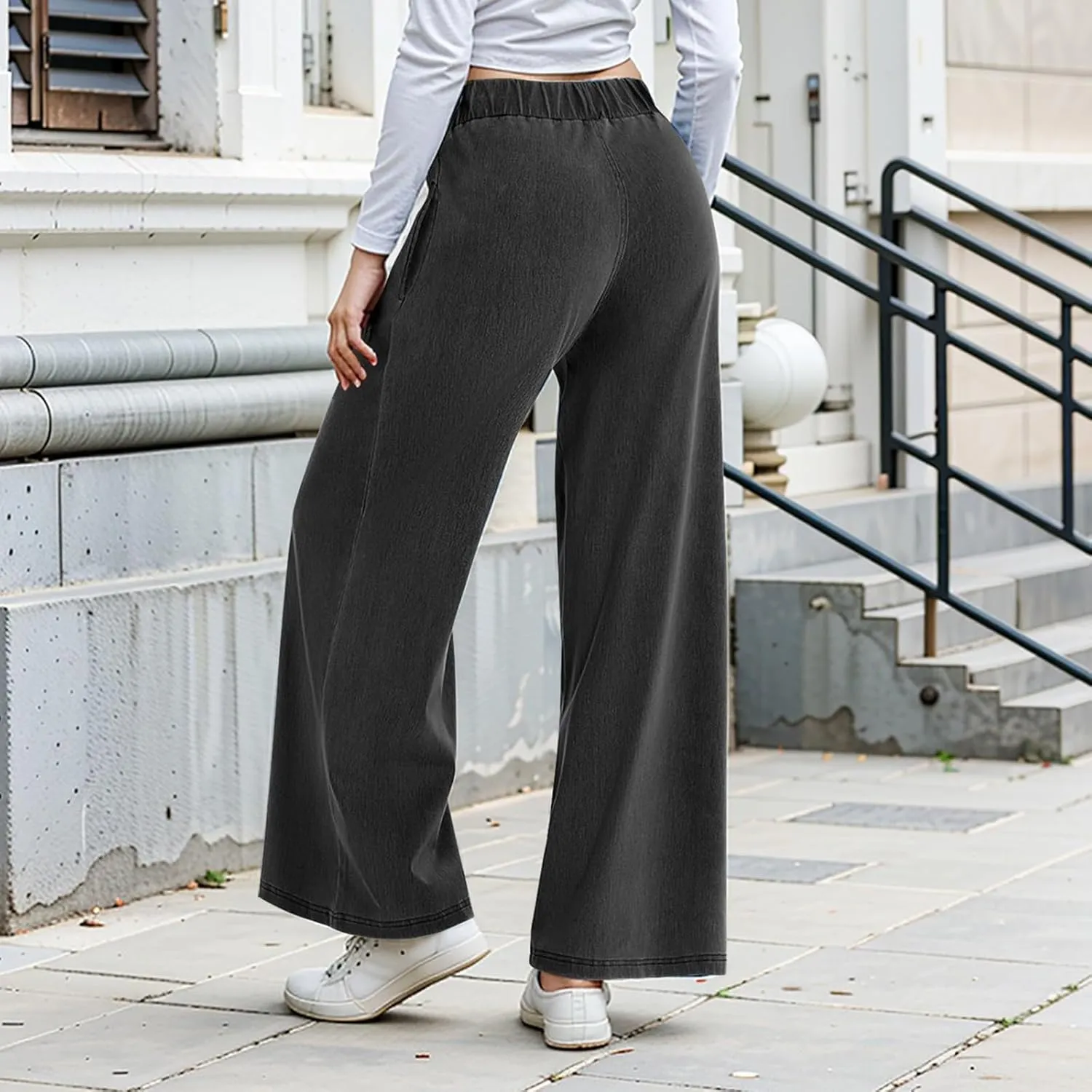 fanmpghleoo Sweatpants That Look Like Jeans Elastic Waist Wide Leg Jean Woman Trendy Boyfriend Denim Pants Loose Cowboy Pants