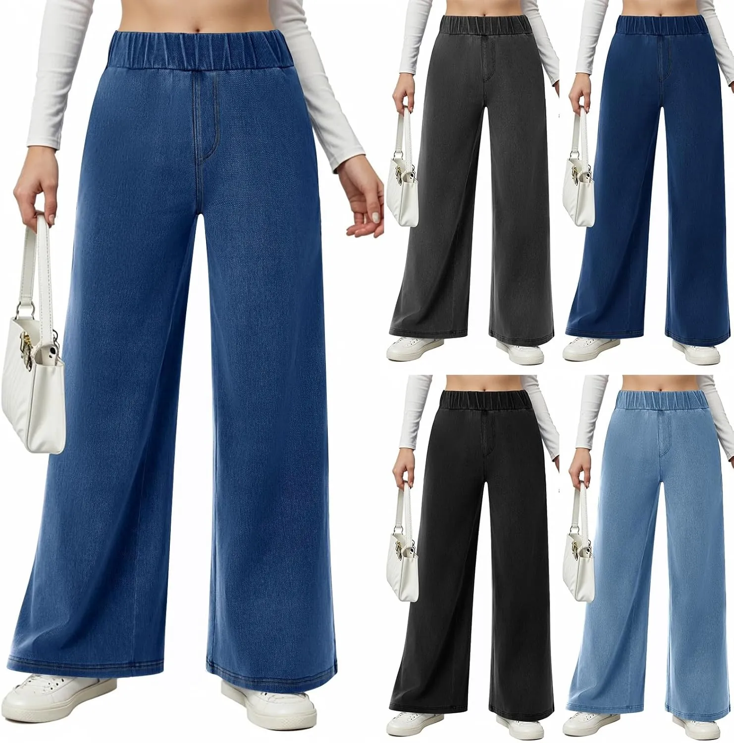 fanmpghleoo Sweatpants That Look Like Jeans Elastic Waist Wide Leg Jean Woman Trendy Boyfriend Denim Pants Loose Cowboy Pants