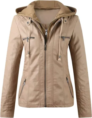 Faux Leather Jacket for Women Drawstring Zipper Pocket Long Sleeve Detachable Hood Slim Fit Motorcycle Biker Coat Top
