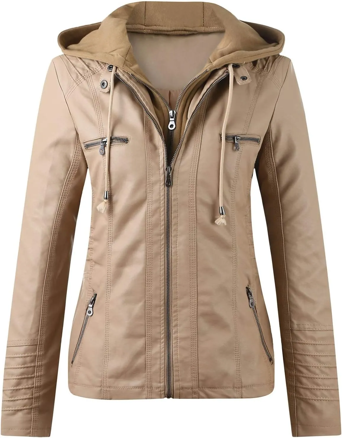Faux Leather Jacket for Women Drawstring Zipper Pocket Long Sleeve Detachable Hood Slim Fit Motorcycle Biker Coat Top