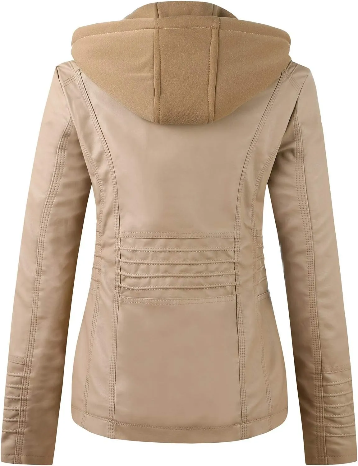 Faux Leather Jacket for Women Drawstring Zipper Pocket Long Sleeve Detachable Hood Slim Fit Motorcycle Biker Coat Top