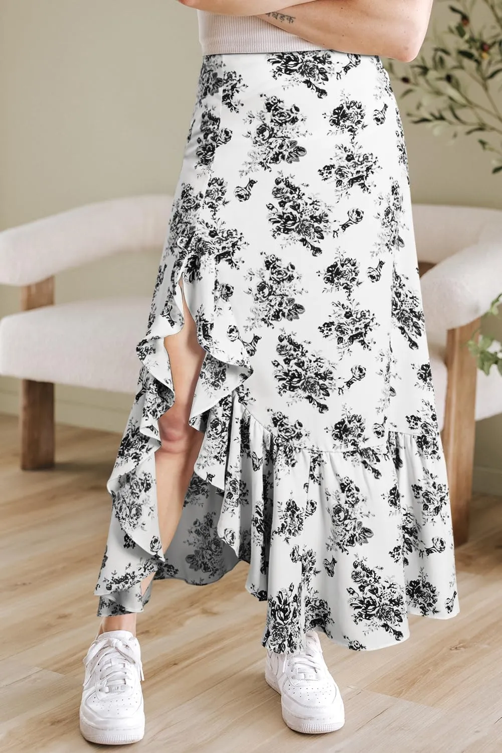 Floral Skirts for Women 2025 Casual High Waisted Wrap Beach Boho Skirt Summer Flowy Ruffle Maxi Skirt with Slit