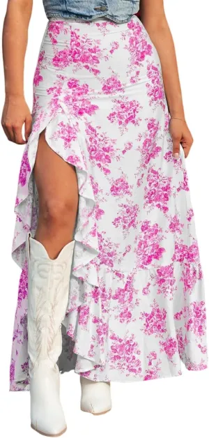 Floral Skirts for Women 2025 Casual High Waisted Wrap Beach Boho Skirt Summer Flowy Ruffle Maxi Skirt with Slit