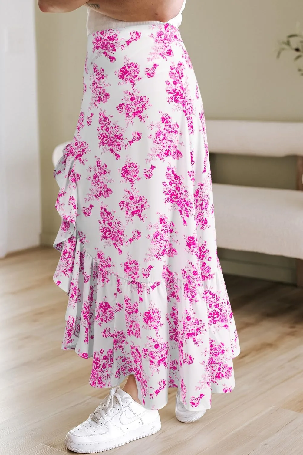 Floral Skirts for Women 2025 Casual High Waisted Wrap Beach Boho Skirt Summer Flowy Ruffle Maxi Skirt with Slit