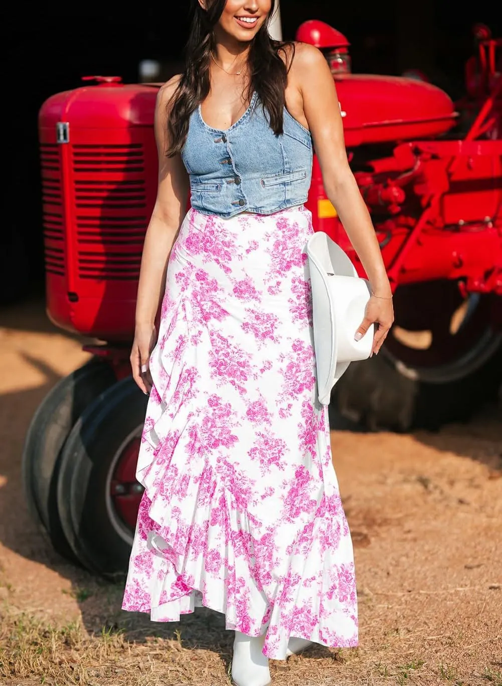 Floral Skirts for Women 2025 Casual High Waisted Wrap Beach Boho Skirt Summer Flowy Ruffle Maxi Skirt with Slit