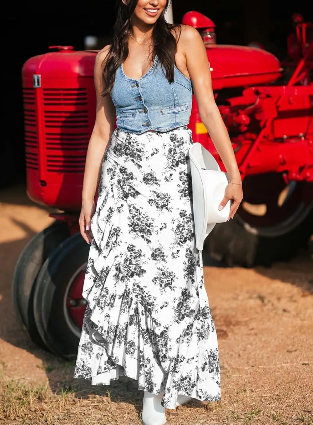 Floral Skirts for Women 2025 Casual High Waisted Wrap Beach Boho Skirt Summer Flowy Ruffle Maxi Skirt with Slit