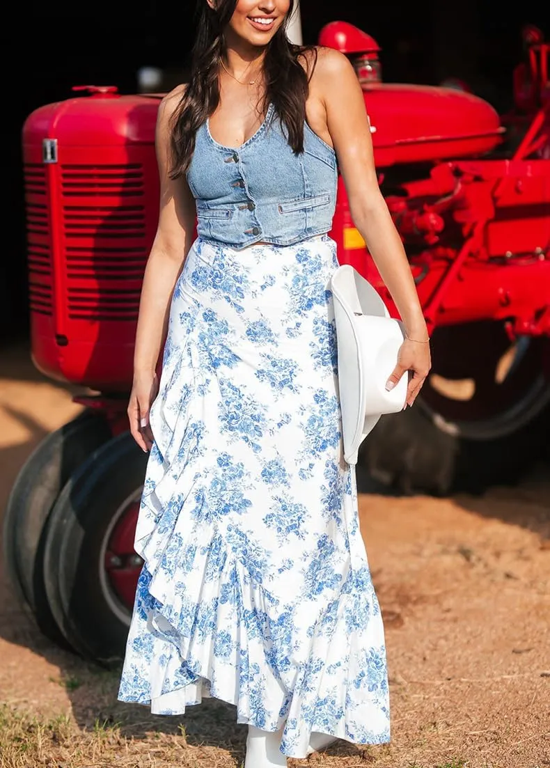 Floral Skirts for Women 2025 Casual High Waisted Wrap Beach Boho Skirt Summer Flowy Ruffle Maxi Skirt with Slit