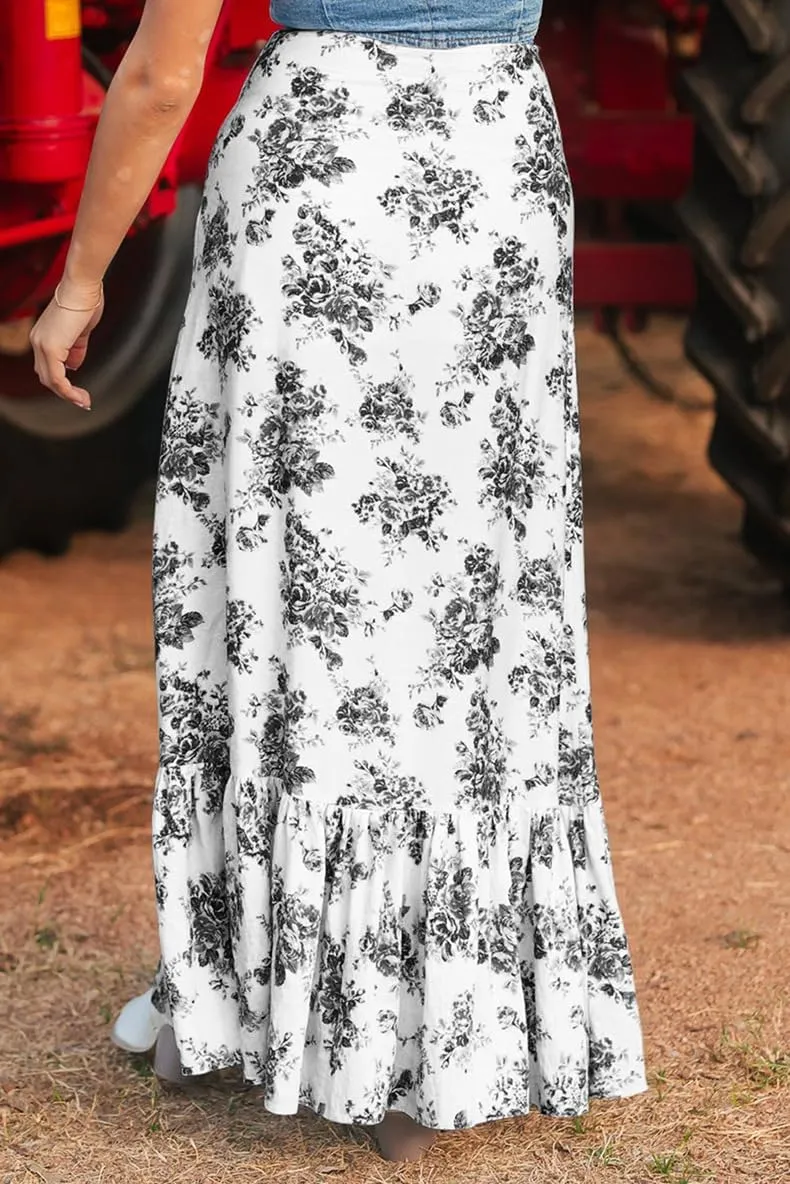 Floral Skirts for Women 2025 Casual High Waisted Wrap Beach Boho Skirt Summer Flowy Ruffle Maxi Skirt with Slit