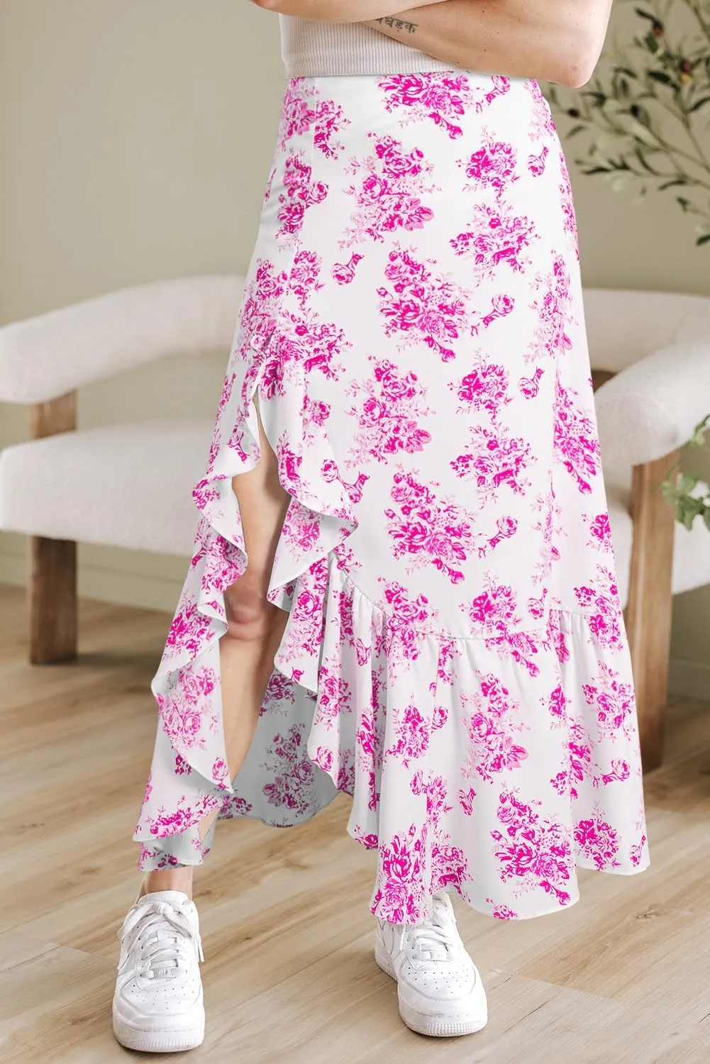 Floral Skirts for Women 2025 Casual High Waisted Wrap Beach Boho Skirt Summer Flowy Ruffle Maxi Skirt with Slit