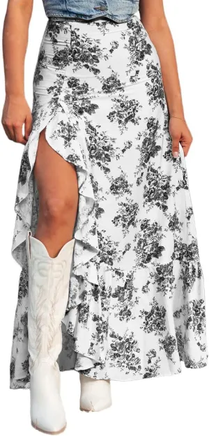 Floral Skirts for Women 2025 Casual High Waisted Wrap Beach Boho Skirt Summer Flowy Ruffle Maxi Skirt with Slit