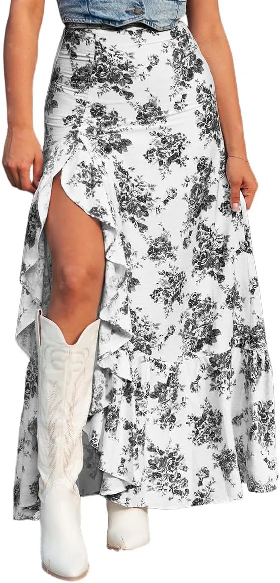 Floral Skirts for Women 2025 Casual High Waisted Wrap Beach Boho Skirt Summer Flowy Ruffle Maxi Skirt with Slit