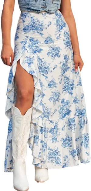 Floral Skirts for Women 2025 Casual High Waisted Wrap Beach Boho Skirt Summer Flowy Ruffle Maxi Skirt with Slit