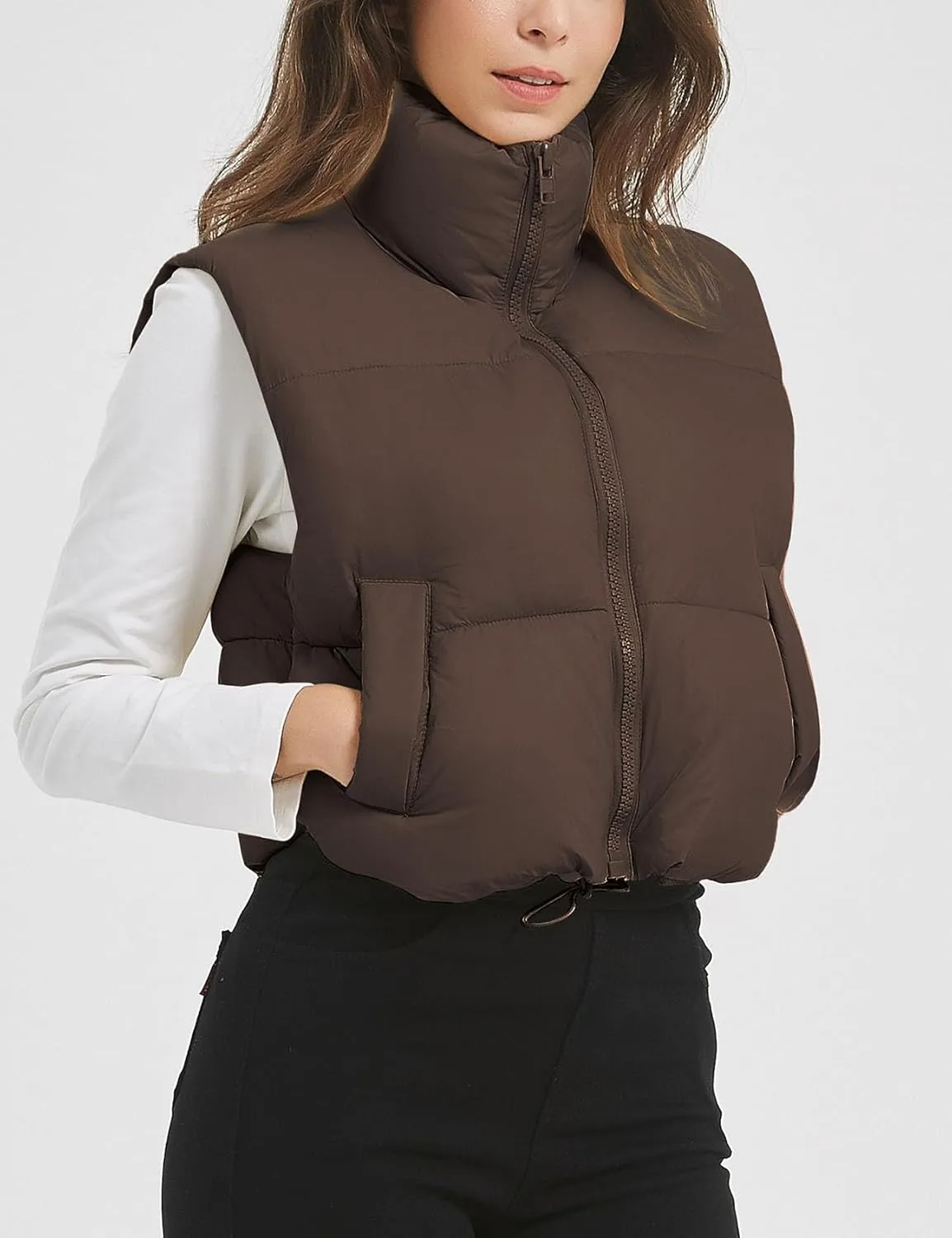 Flygo Puffer Vest Women Cropped Vest Zip Up Stand Collar Sleeveless Lightweight Winter Down Vests Jacket
