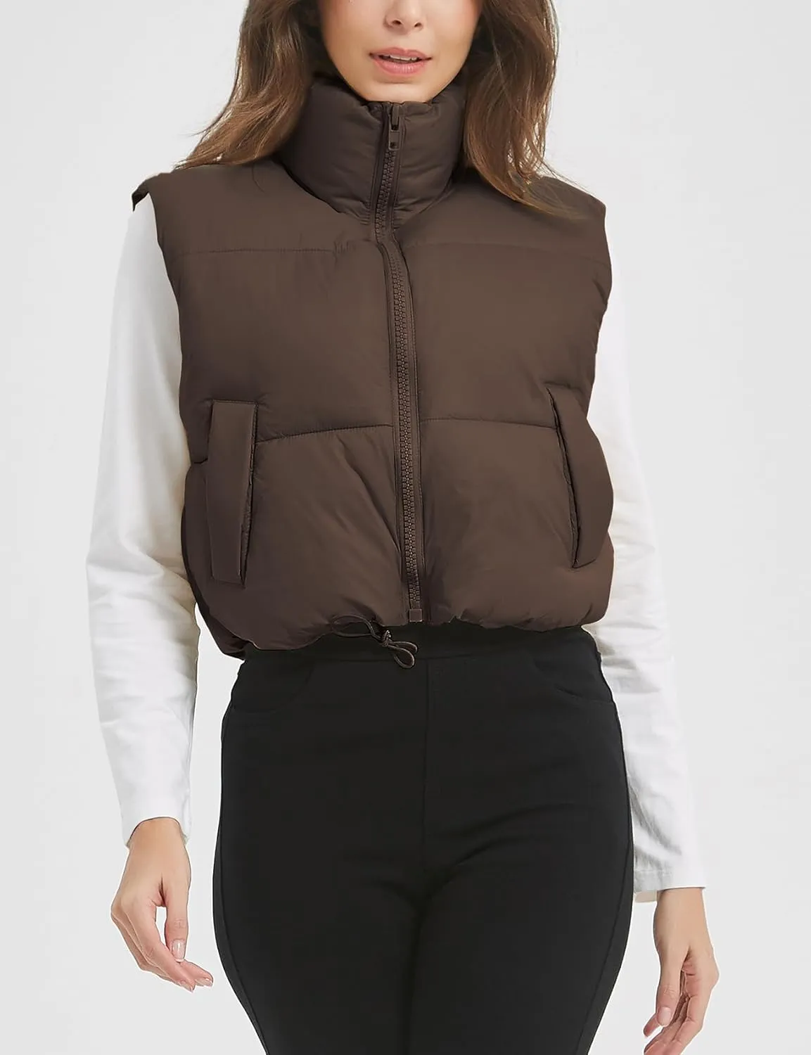 Flygo Puffer Vest Women Cropped Vest Zip Up Stand Collar Sleeveless Lightweight Winter Down Vests Jacket