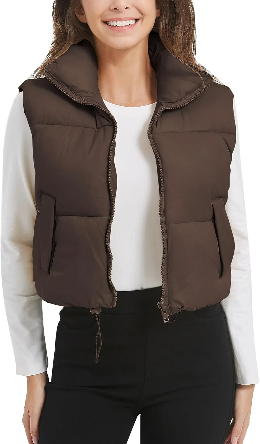 Flygo Puffer Vest Women Cropped Vest Zip Up Stand Collar Sleeveless Lightweight Winter Down Vests Jacket