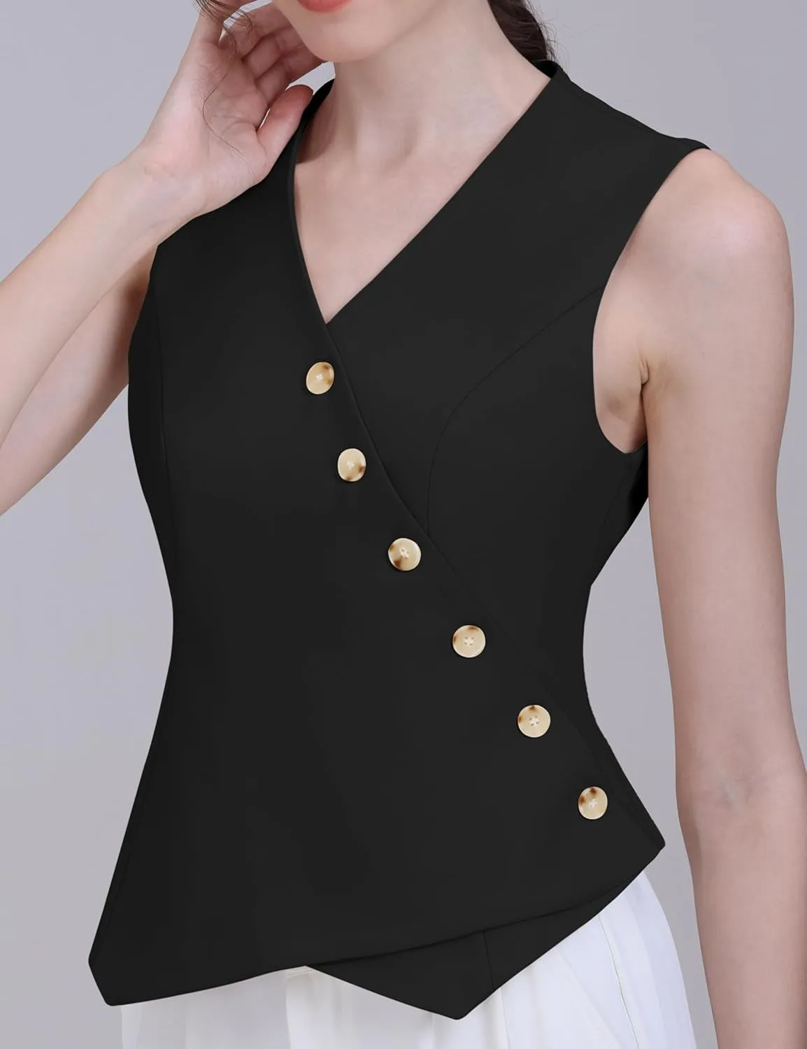 Foucome Vest for Women V Neck Button Up Asymmetrical Hem Dressy Casual Suit Vest Waistcoat