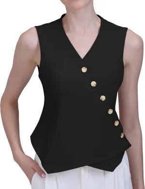Foucome Vest for Women V Neck Button Up Asymmetrical Hem Dressy Casual Suit Vest Waistcoat
