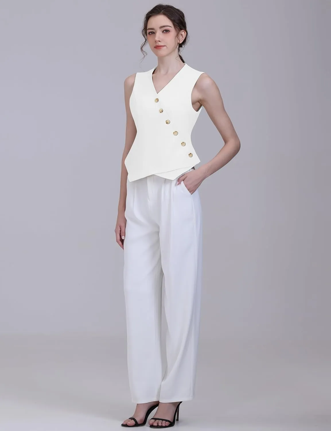 Foucome Vest for Women V Neck Button Up Asymmetrical Hem Dressy Casual Suit Vest Waistcoat