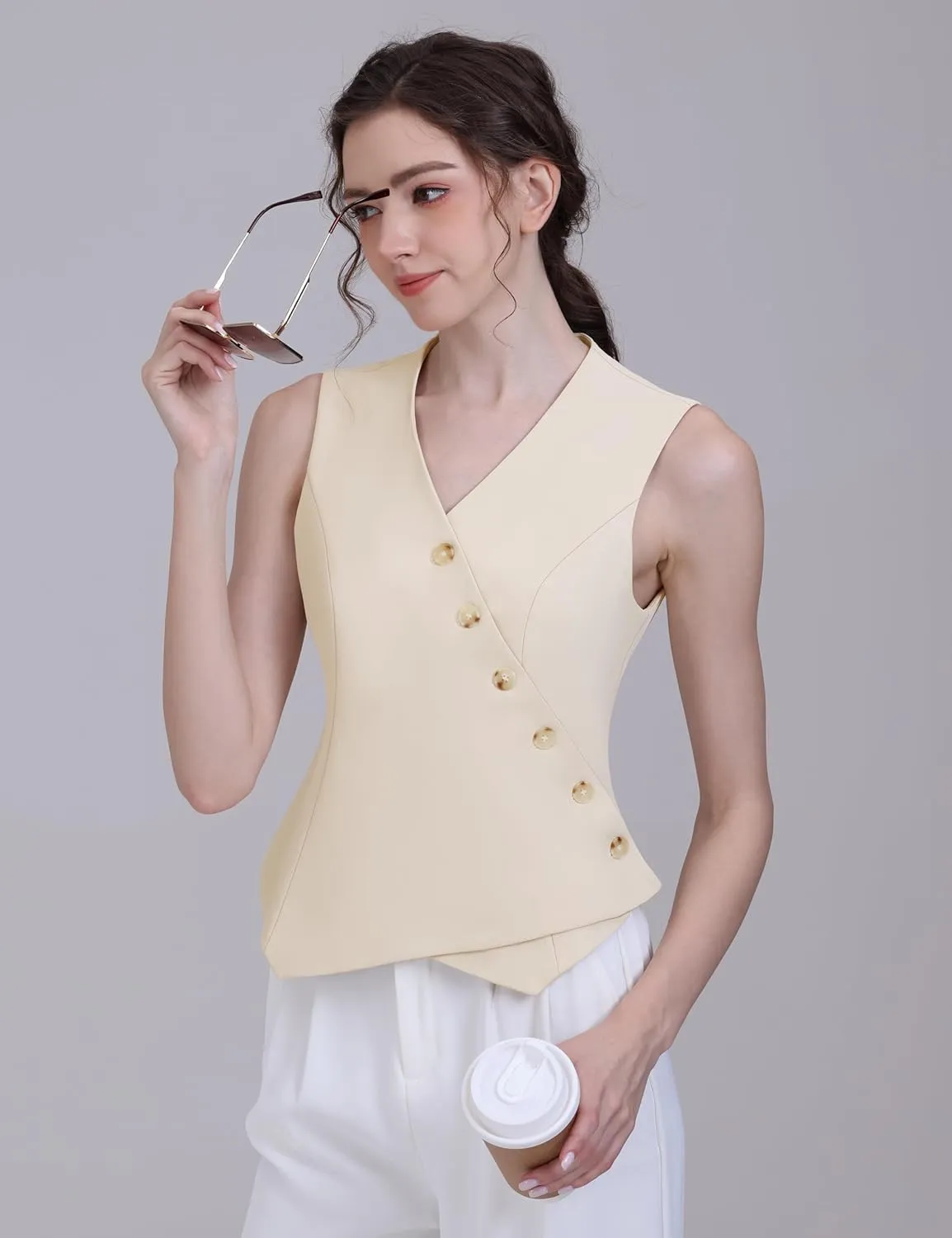 Foucome Vest for Women V Neck Button Up Asymmetrical Hem Dressy Casual Suit Vest Waistcoat