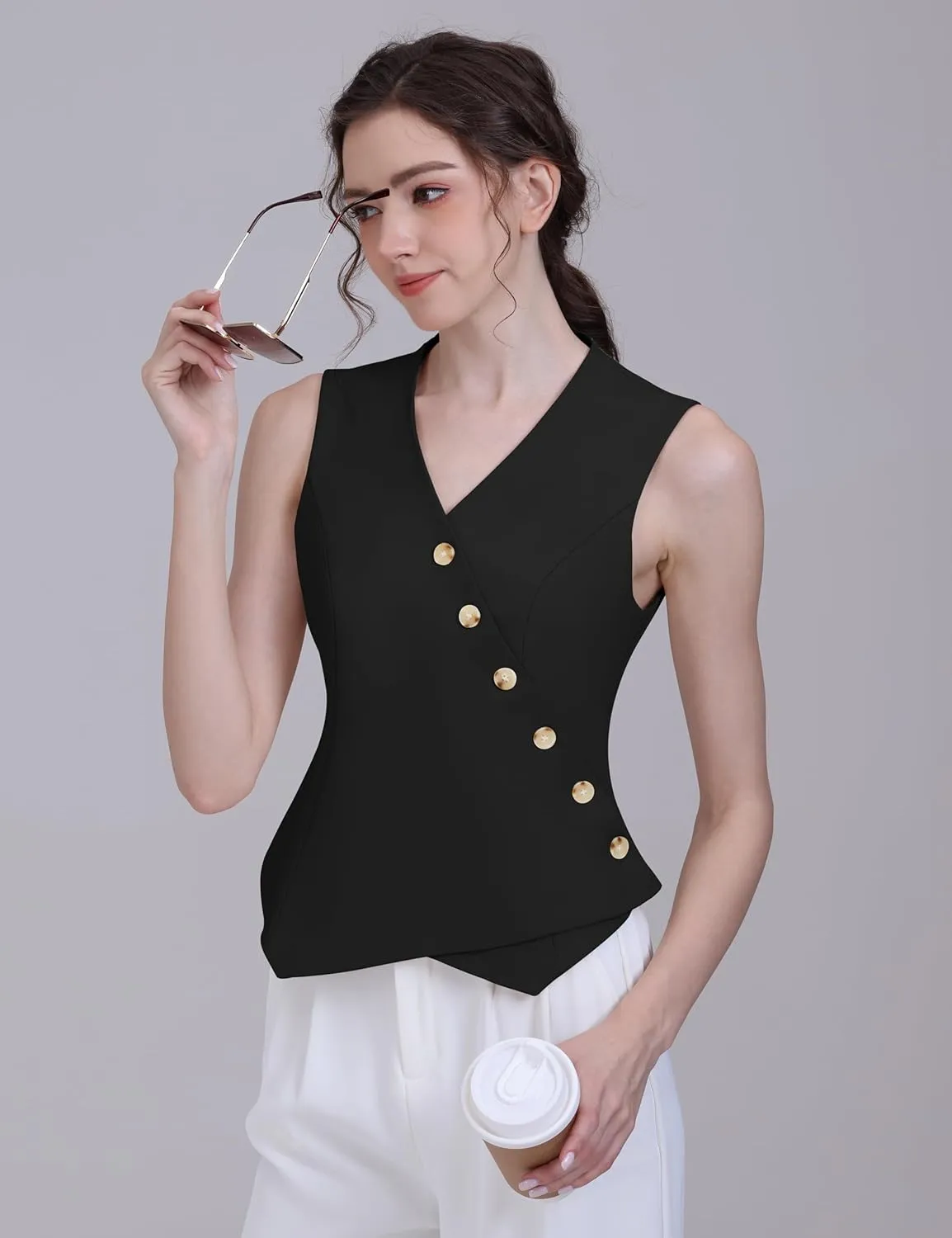 Foucome Vest for Women V Neck Button Up Asymmetrical Hem Dressy Casual Suit Vest Waistcoat