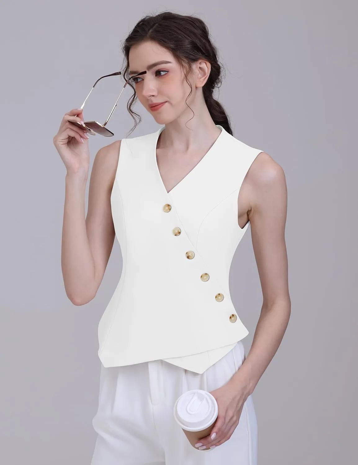 Foucome Vest for Women V Neck Button Up Asymmetrical Hem Dressy Casual Suit Vest Waistcoat