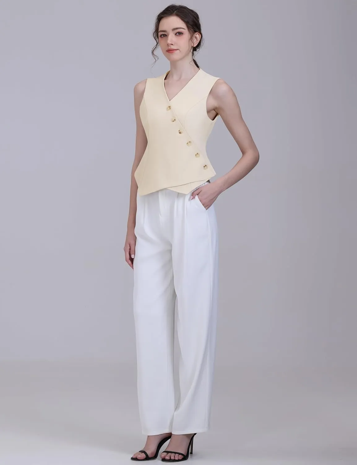 Foucome Vest for Women V Neck Button Up Asymmetrical Hem Dressy Casual Suit Vest Waistcoat