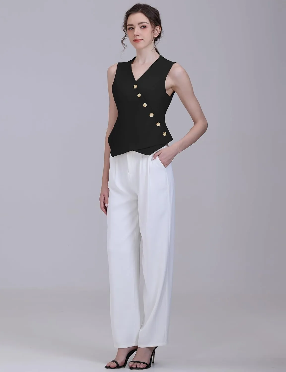 Foucome Vest for Women V Neck Button Up Asymmetrical Hem Dressy Casual Suit Vest Waistcoat