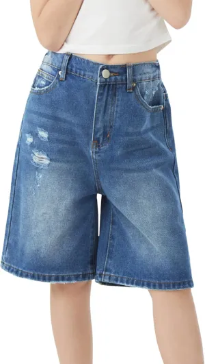 Girls Jeans Shorts Ripped Denim Bermuda Elastic Waist Bottom Trendy Cotton Summer Clothes for Kids