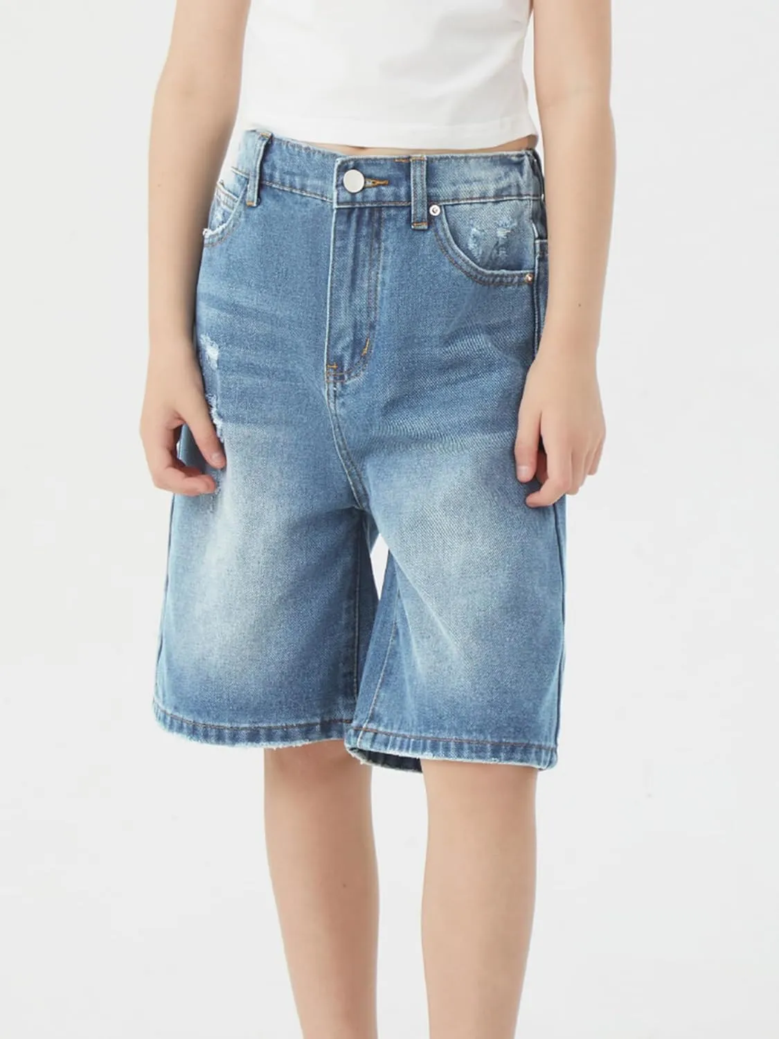 Girls Jeans Shorts Ripped Denim Bermuda Elastic Waist Bottom Trendy Cotton Summer Clothes for Kids