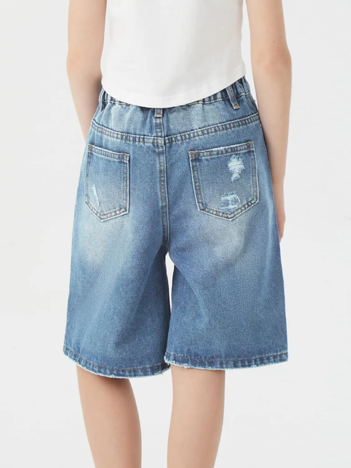 Girls Jeans Shorts Ripped Denim Bermuda Elastic Waist Bottom Trendy Cotton Summer Clothes for Kids