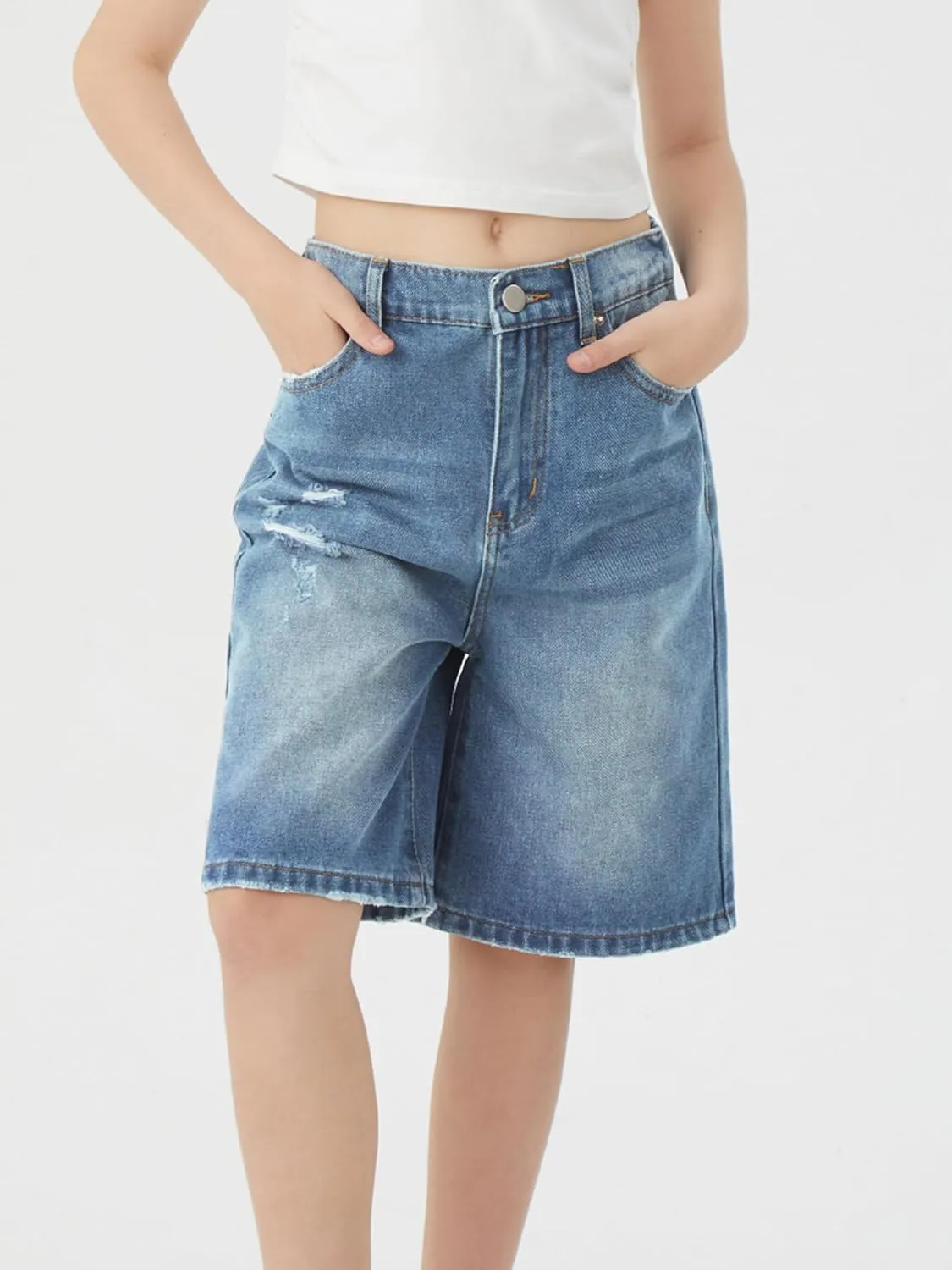 Girls Jeans Shorts Ripped Denim Bermuda Elastic Waist Bottom Trendy Cotton Summer Clothes for Kids